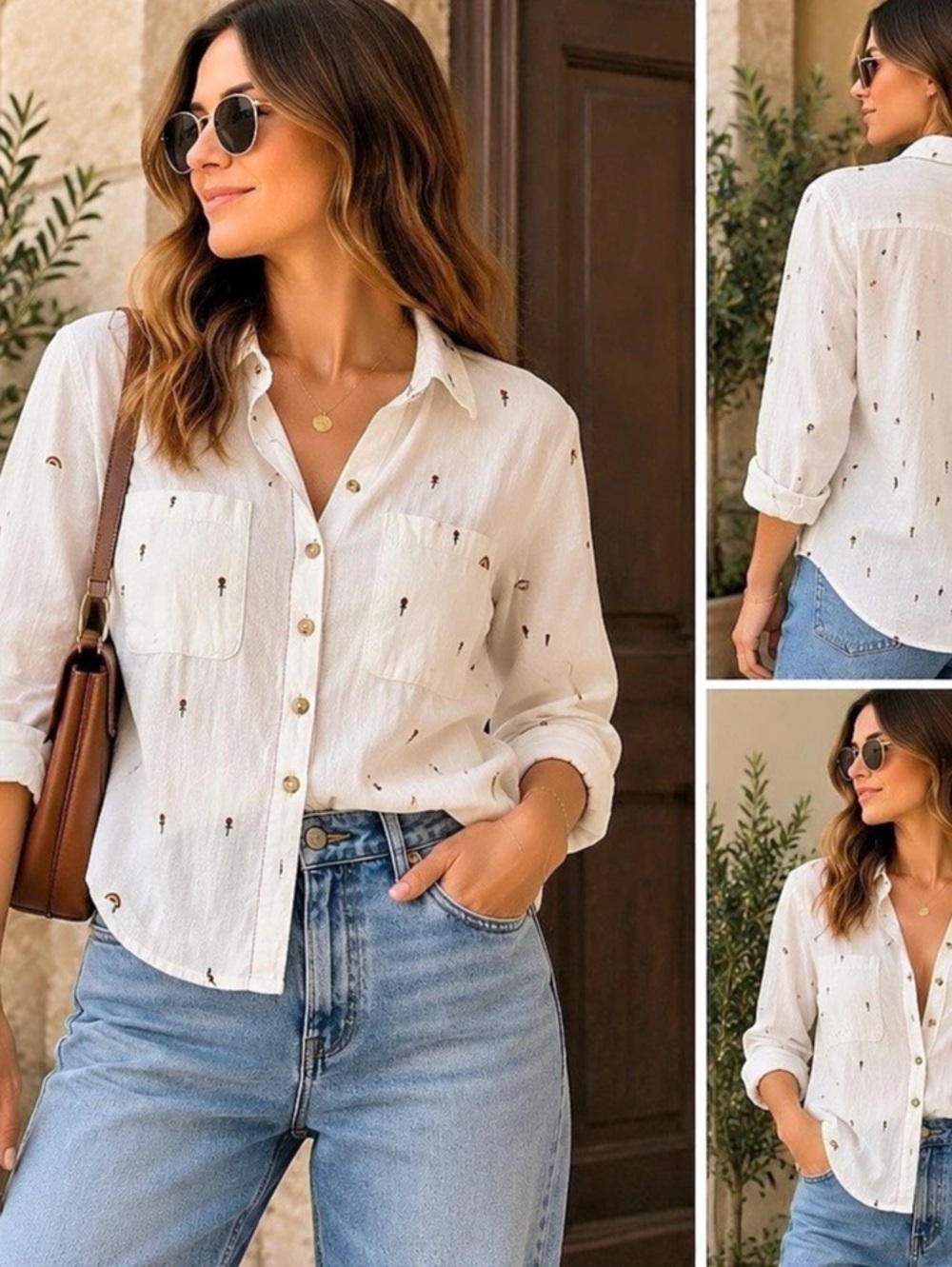 Embroidered Button Down Shirt in White Small Like New